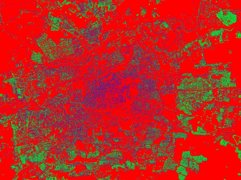 Buildings rendered as lines - blue lines representing the top edge.